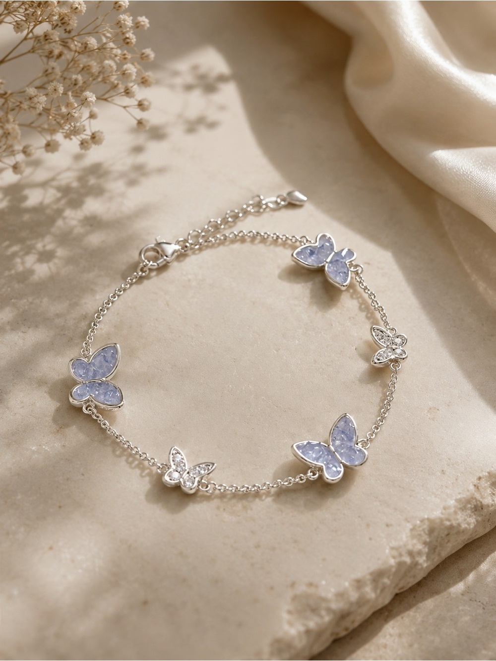 Blue Butterfly Rhinestone Bracelet Silver Tone Dainty Coquette Jewelry
